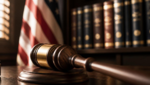 a close, slightly low-angle shot of a wooden gavel resting on a dark walnut desk, softly out of focus in the foreground, with the American flag and a blurred set of law books visible in the background under warm, directional lighting (late-afternoon courthouse window light). Muted, serious color palette — deep browns, navy, and gold accents — nothing red or alarming.