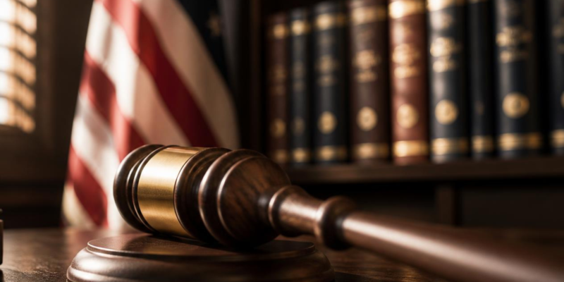 a close, slightly low-angle shot of a wooden gavel resting on a dark walnut desk, softly out of focus in the foreground, with the American flag and a blurred set of law books visible in the background under warm, directional lighting (late-afternoon courthouse window light). Muted, serious color palette — deep browns, navy, and gold accents — nothing red or alarming.